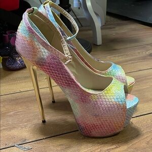 Colorful Snakeskin Peep-Toe Heels with Gold Stiletto
